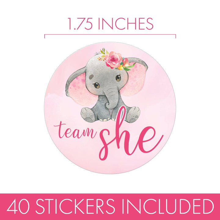 Elephant: Gender Reveal Party -Team He or Team She - 40 Stickers