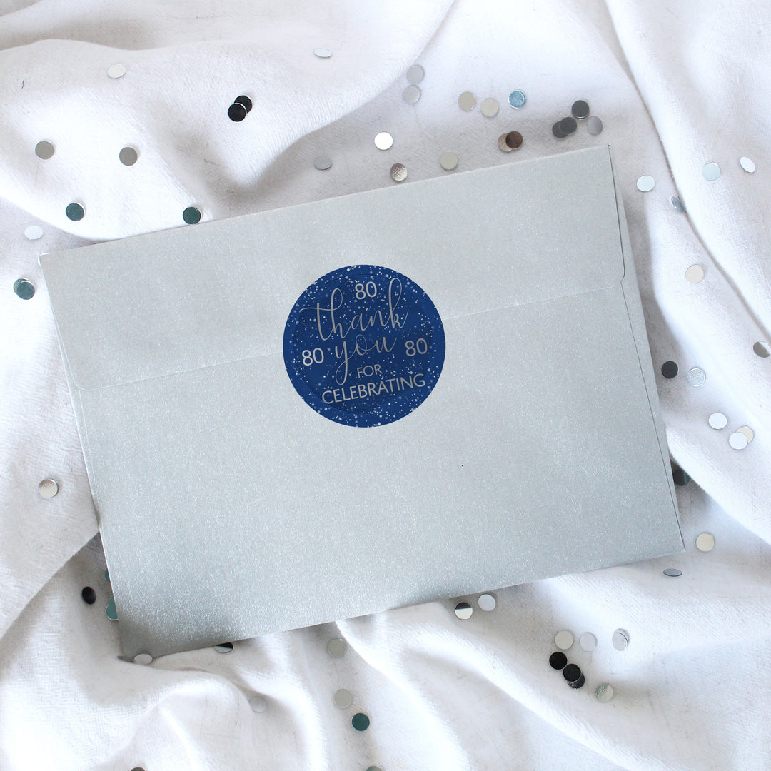 Blue and Silver 80th Birthday Thank You Stickers - 40 Stickers