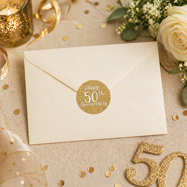 Gold 50th Anniversary: Party Favor Round Labels - 40 Stickers