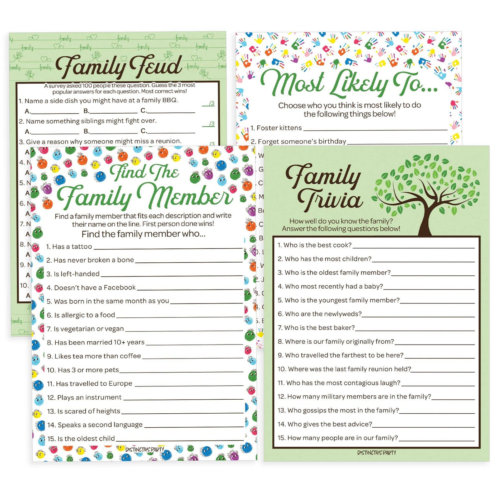 Family Reunion: Party Game Bundle - Family Trivia, Most Likely To, Family Feud & Find the Family Member - 4 Games for 20 Players - 40 Dual Sided Cards - Distinctivs Party