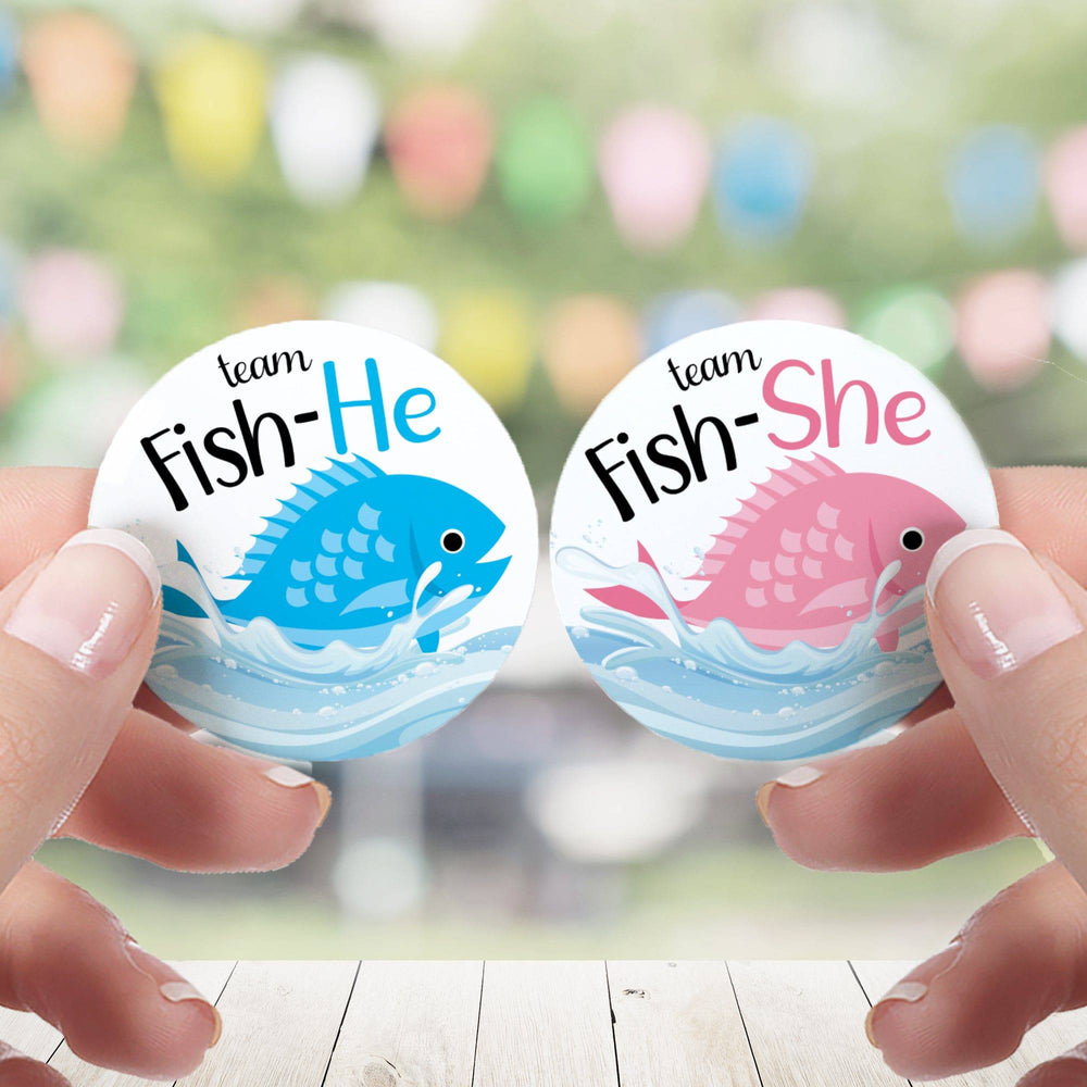 Fishing Baby Gender Reveal Party -Team Fish-He or Fish-She Stickers - 40 Stickers - Distinctivs Party