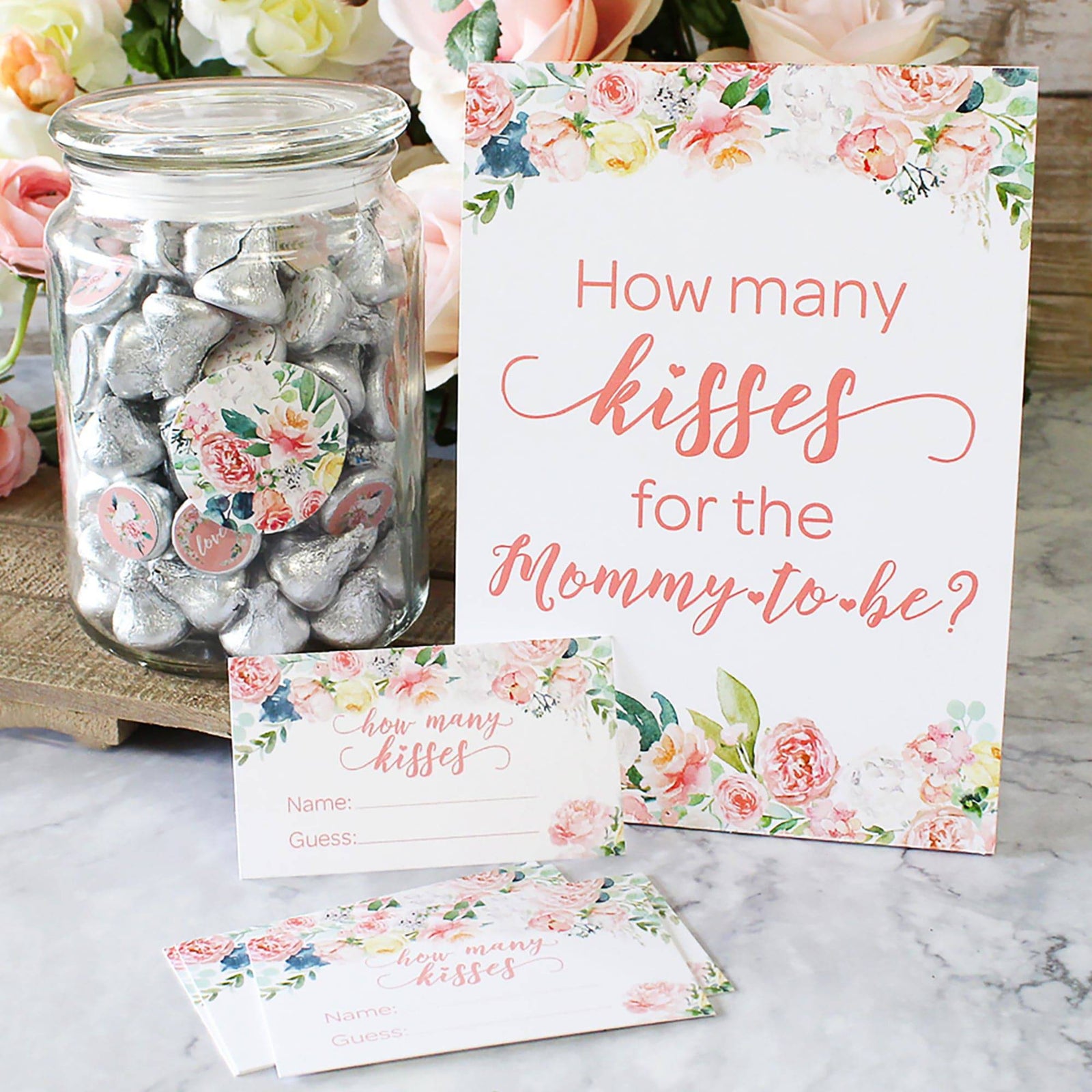 Floral How Many Kisses Baby Shower Game Sign + 30 Cards - Distinctivs Party