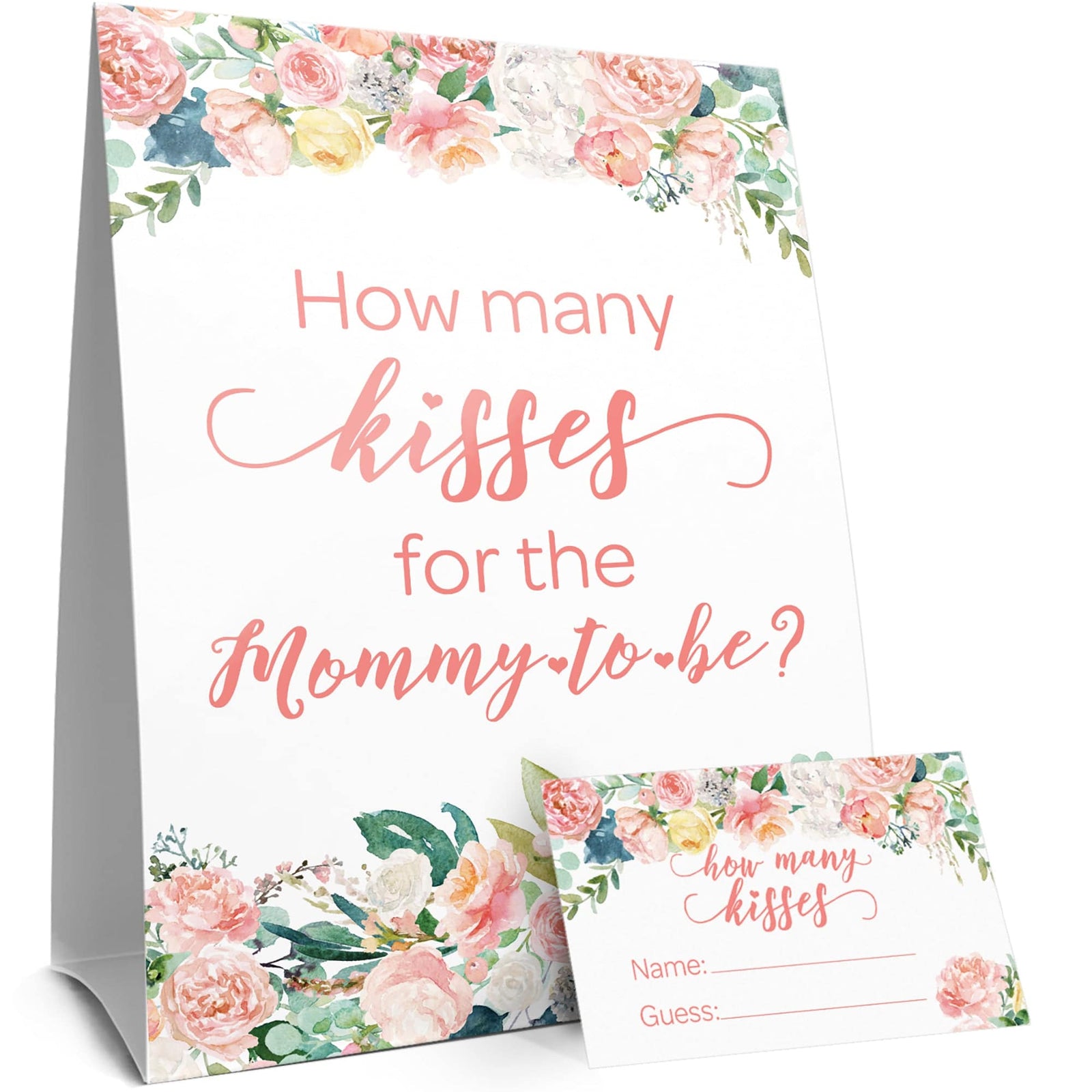 Floral How Many Kisses Baby Shower Game Sign + 30 Cards - Distinctivs Party