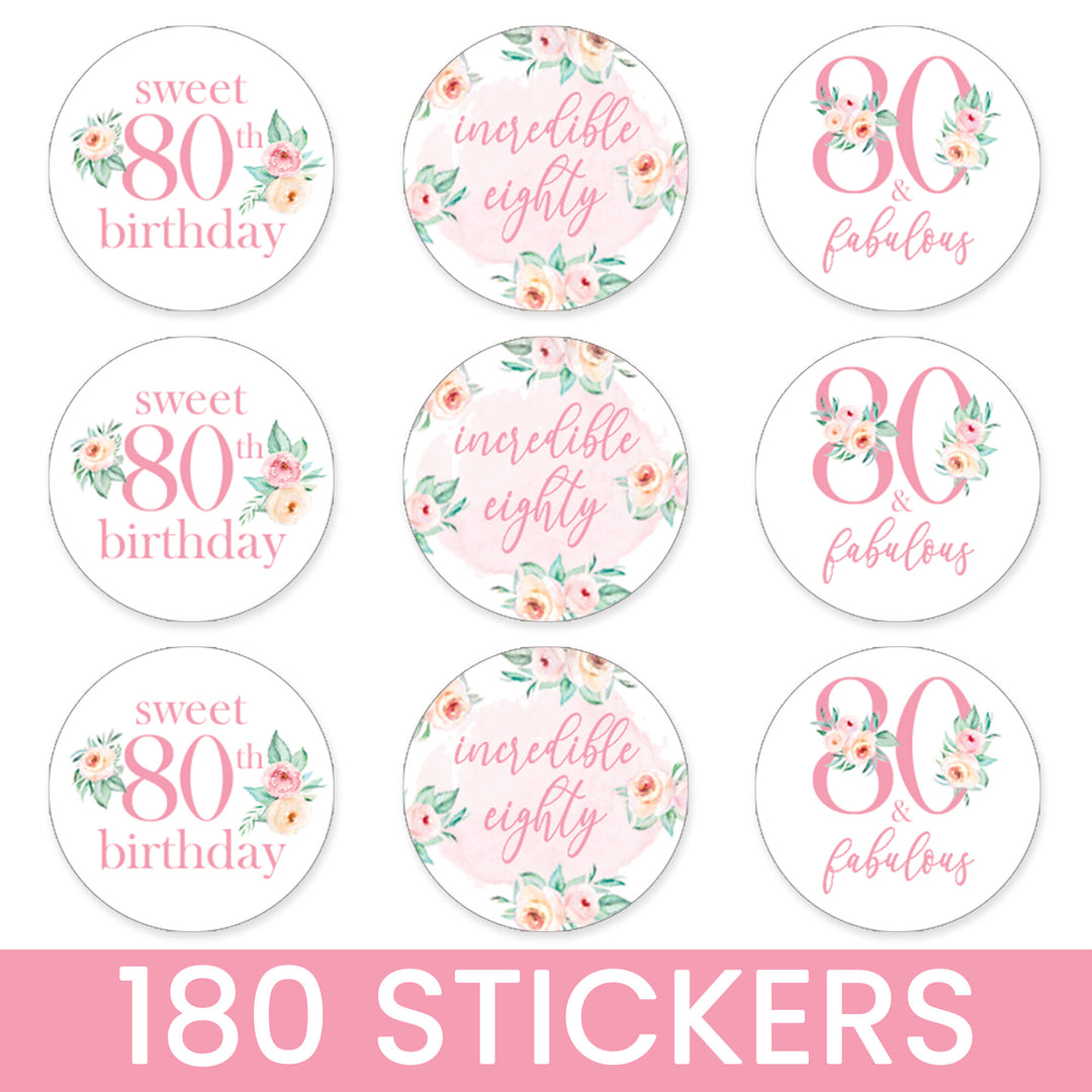 80th Birthday: Floral - Favor Stickers Fits on Chocolate Kisses - 180 Stickers