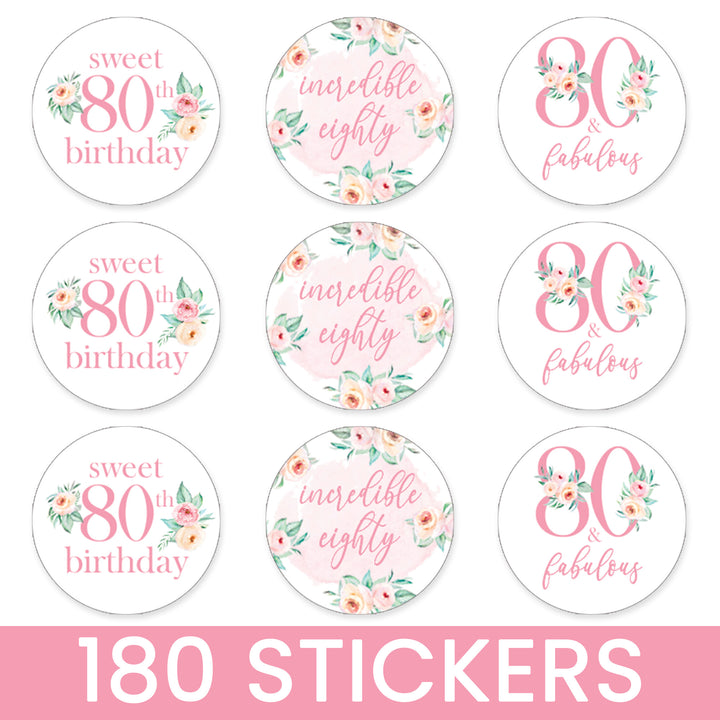 80th Birthday: Floral - Favor Stickers Fits on Chocolate Kisses - 180 Stickers
