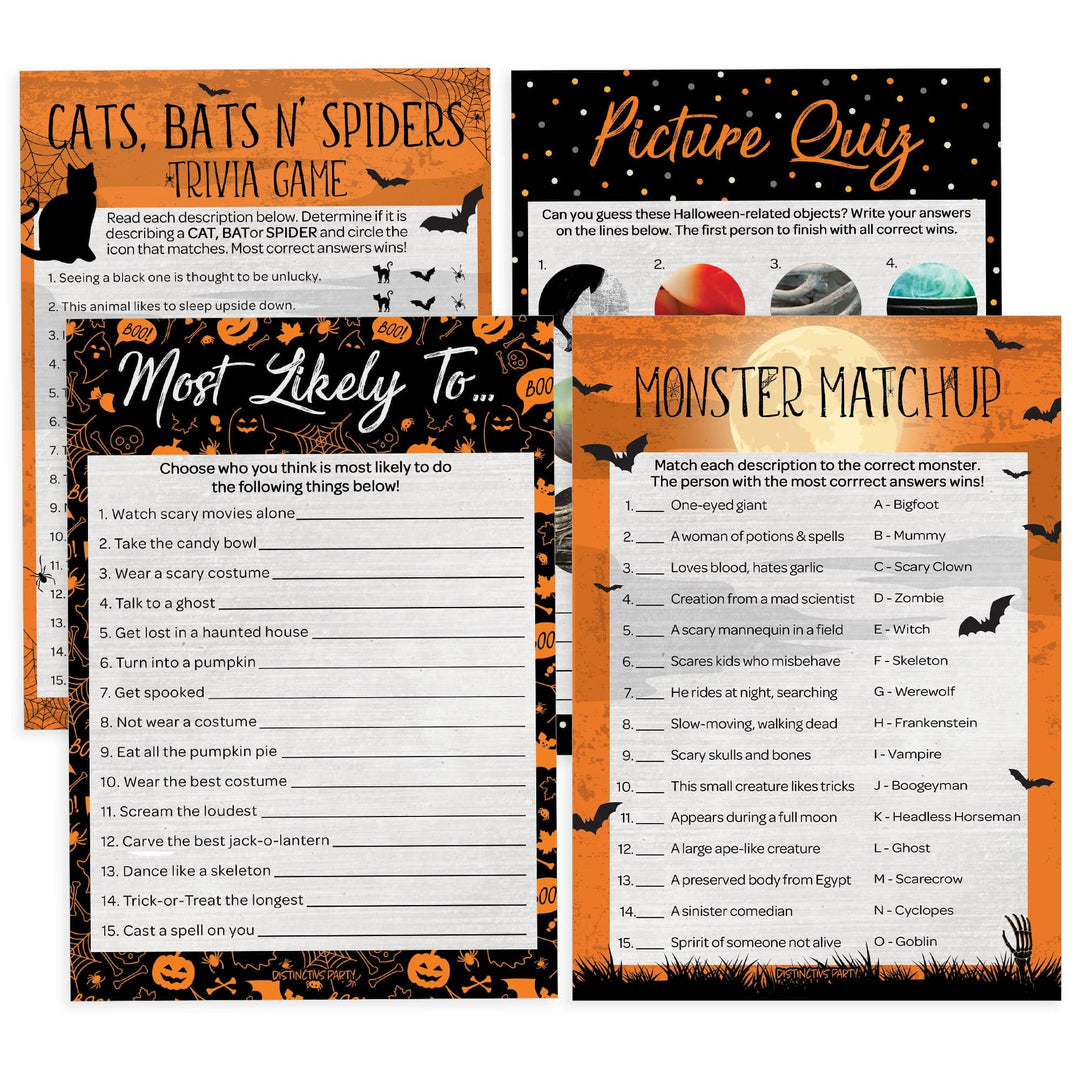 Full Moon: Halloween Party Game Bundle - Monster Matchup, Most Likely To, Picture Quiz & Cats, Bats N' Spiders Trivia Game - 4 Games for 25 Players - 50 Dual Sided Cards