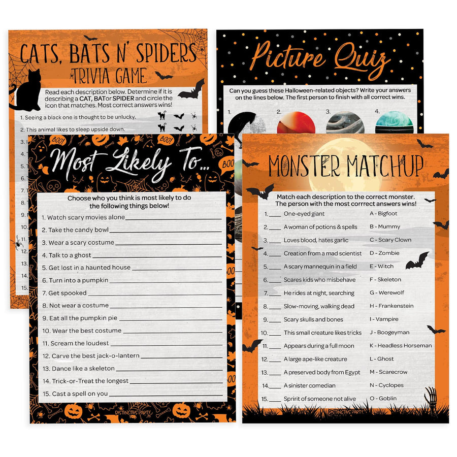 Full Moon: Halloween Party Game Bundle - Monster Matchup, Most Likely To, Picture Quiz & Cats, Bats N' Spiders Trivia Game - 4 Games for 25 Players - 50 Dual Sided Cards - Distinctivs Party