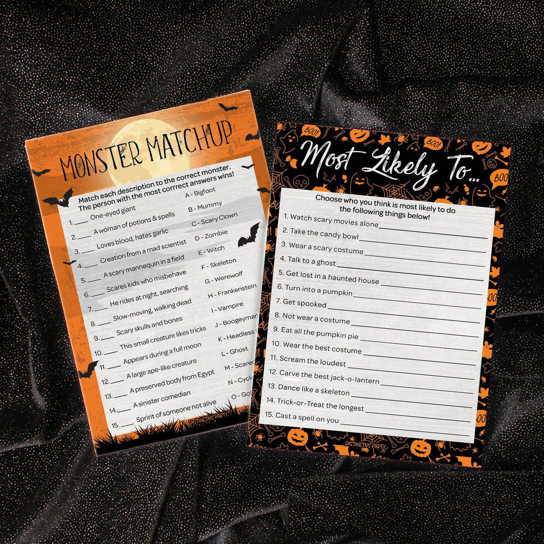 Full Moon: Halloween Party Game Bundle - Monster Matchup, Most Likely To, Picture Quiz & Cats, Bats N' Spiders Trivia Game - 4 Games for 25 Players - 50 Dual Sided Cards