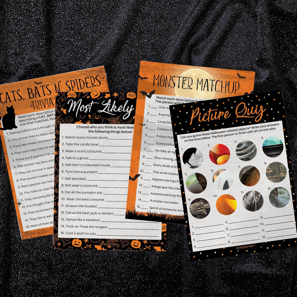 Full Moon: Halloween Party Game Bundle - Monster Matchup, Most Likely To, Picture Quiz & Cats, Bats N' Spiders Trivia Game - 4 Games for 25 Players - 50 Dual Sided Cards - Distinctivs Party