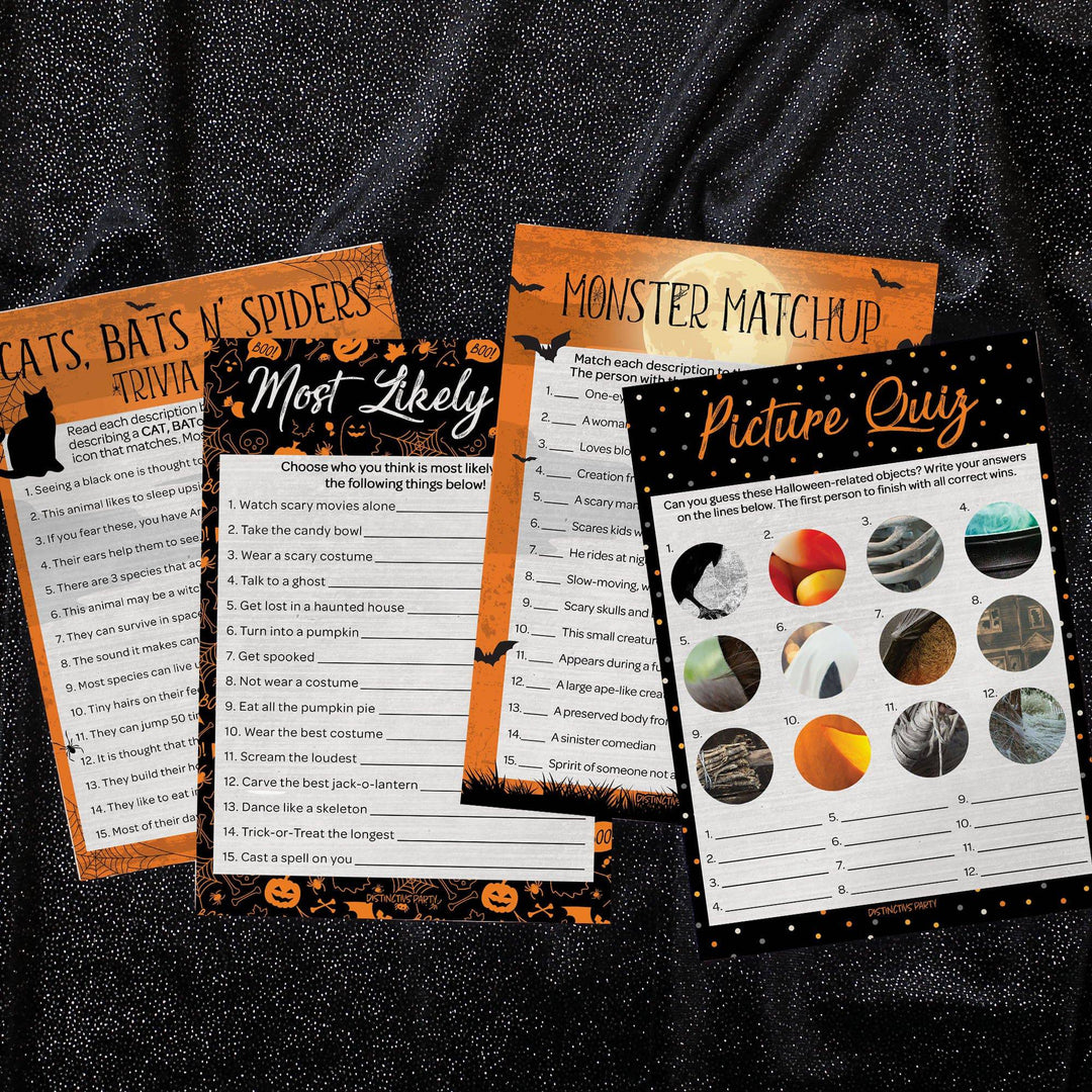 Full Moon: Halloween Party Game Bundle - Monster Matchup, Most Likely To, Picture Quiz & Cats, Bats N' Spiders Trivia Game - 4 Games for 25 Players - 50 Dual Sided Cards