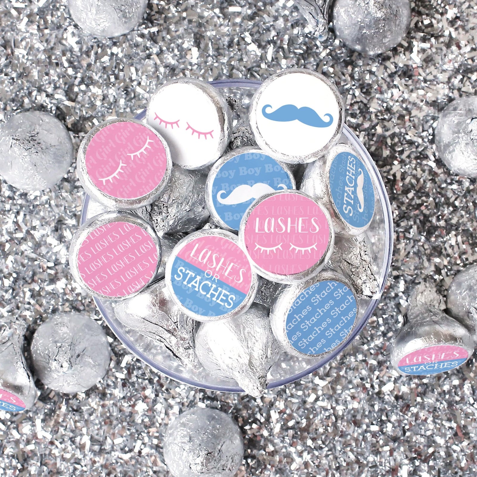 Gender Reveal Party: Lashes or Staches - Team Boy or Girl Baby Shower Stickers - Fit on Hershey® Kisses - 180 Stickers - Distinctivs Party