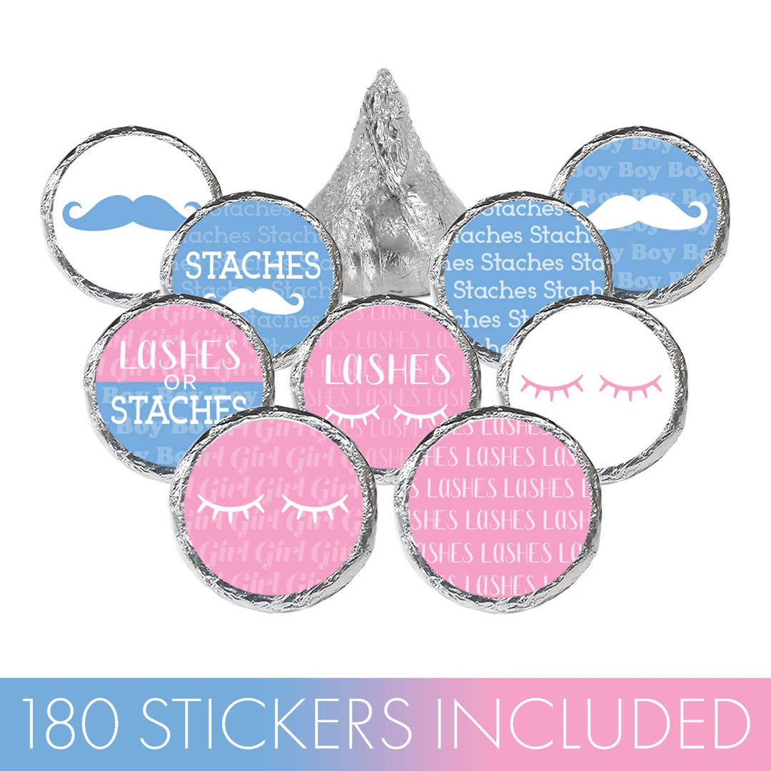 Gender Reveal Party: Lashes or Staches - Team Boy or Girl Baby Shower Stickers - Fit on Hershey® Kisses - 180 Stickers - Distinctivs Party