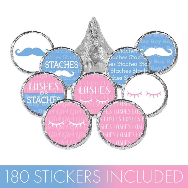 Gender Reveal Party: Lashes or Staches - Team Boy or Girl Baby Shower Stickers - Fit on Hershey® Kisses - 180 Stickers - Distinctivs Party