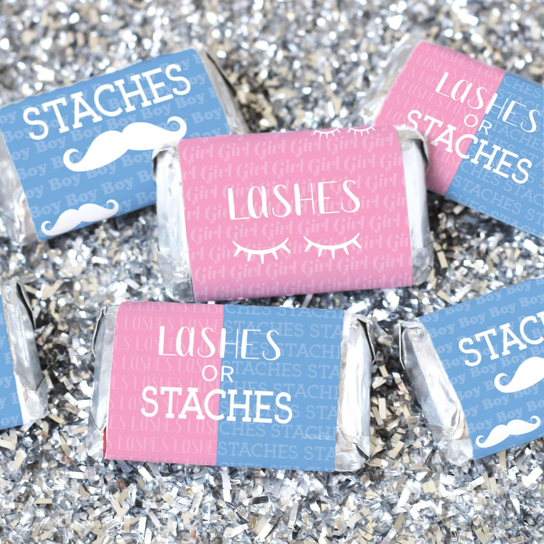 Fiesta de revelación de género: Pestañas o Staches - Calcomanías para baby shower de equipo para niño o niña - Mini calcomanías para barra de dulces - Se ajustan a miniaturas de Hershey® - 45 calcomanías