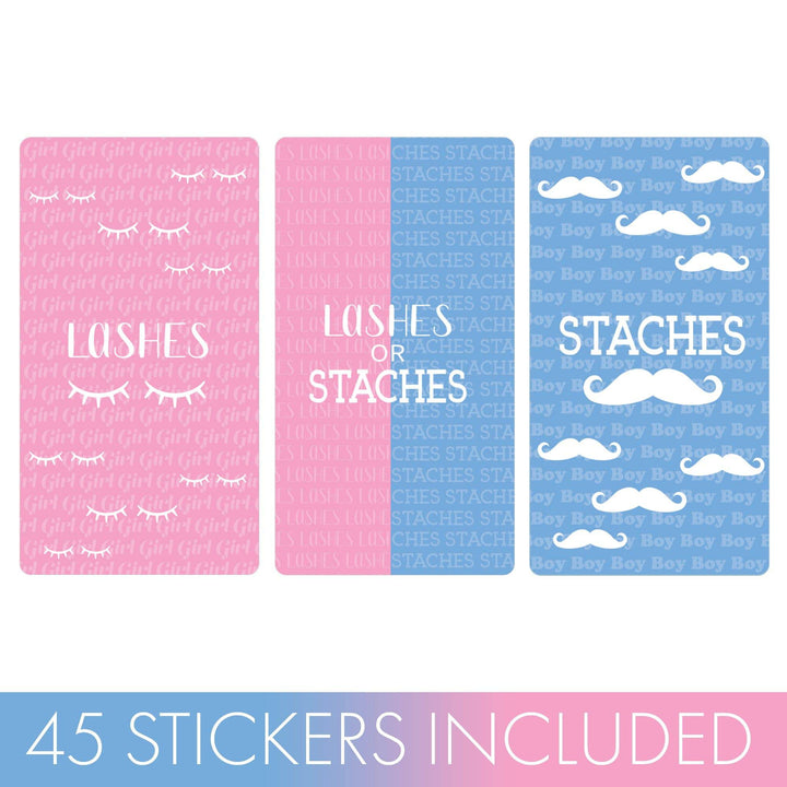 Gender Reveal Party: Lashes or Staches - Team Boy or Girl Baby Shower Stickers - Mini Candy Bar Stickers - Fit on Hershey® Miniatures - 45 Stickers - Distinctivs Party