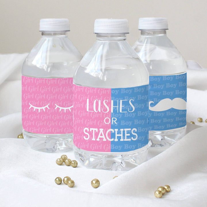 Gender Reveal Party: Lashes or Staches - Team Boy or Girl Baby Shower Stickers - Water Bottle Labels - 24 Waterproof Stickers - Distinctivs Party