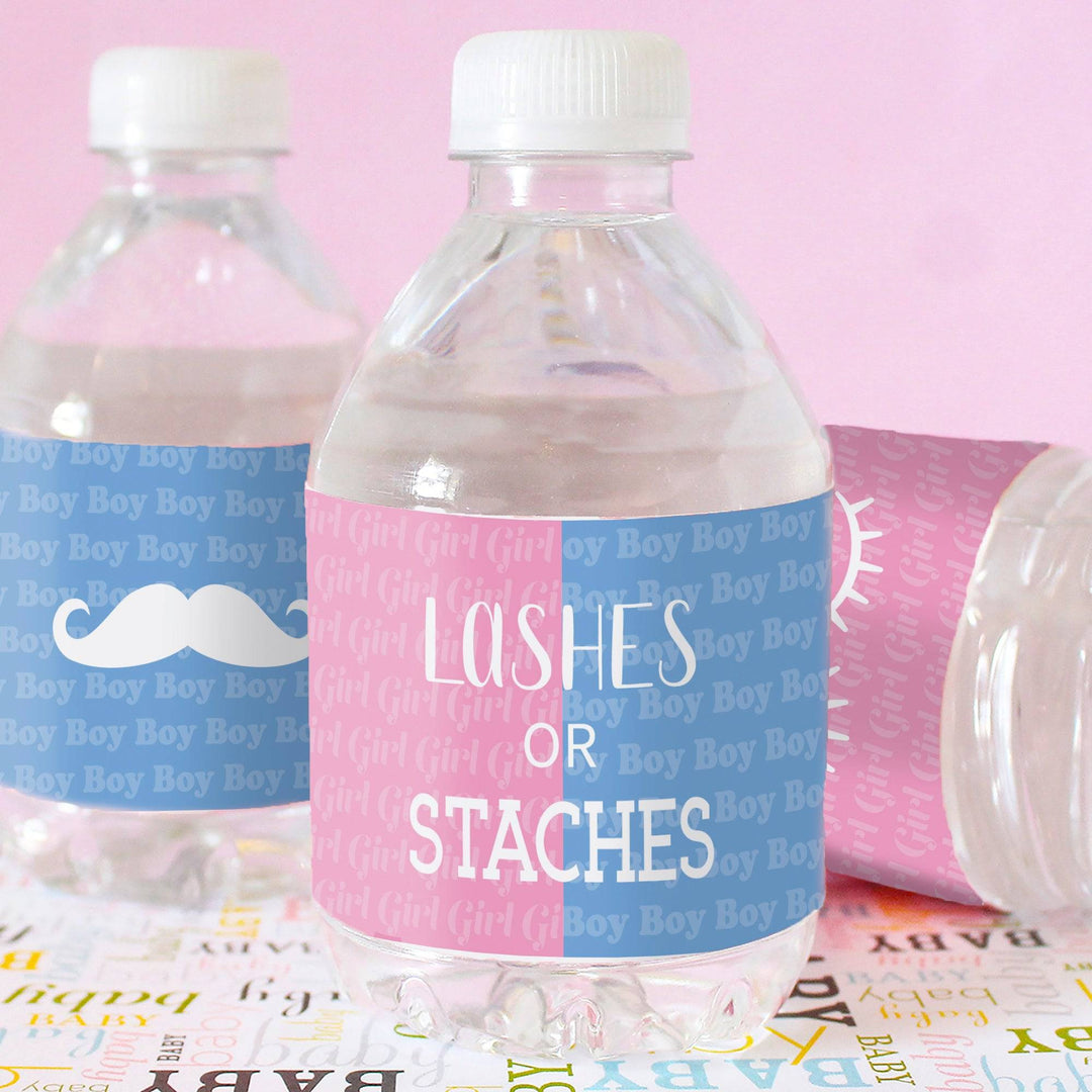 Fiesta de revelación de género: pestañas o staches - pegatinas para baby shower de equipo para niño o niña - etiquetas para botellas de agua - 24 pegatinas impermeables