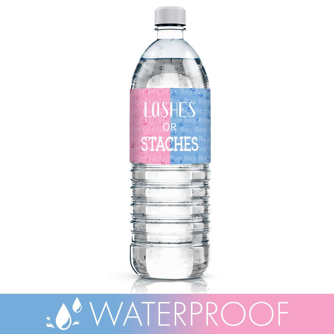 Gender Reveal Party: Lashes or Staches - Team Boy or Girl Baby Shower Stickers - Water Bottle Labels - 24 Waterproof Stickers - Distinctivs Party