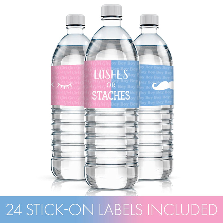 Gender Reveal Party: Lashes or Staches - Team Boy or Girl Baby Shower Stickers - Water Bottle Labels - 24 Waterproof Stickers