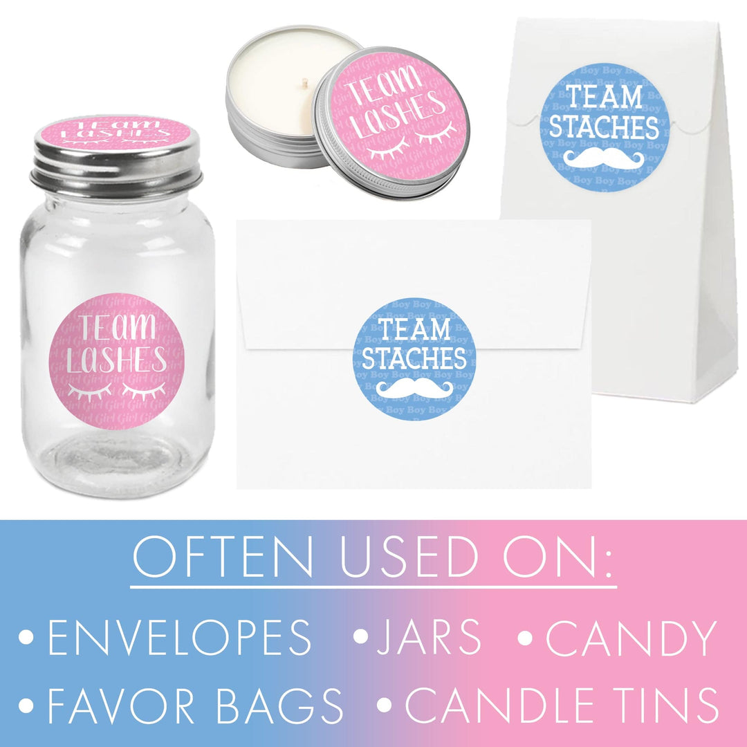 Gender Reveal Party: Lashes or Staches - Team Boy or Girl Voting Stickers - Baby Shower -  40 Stickers - Distinctivs Party