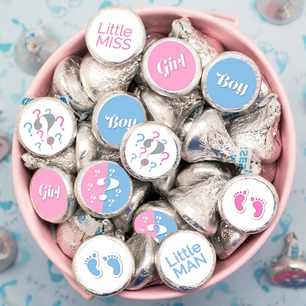Gender Reveal Party: Little Man or Little Miss - Favor Stickers - Fit on Hershey® Kisses - 180 Stickers - Distinctivs Party