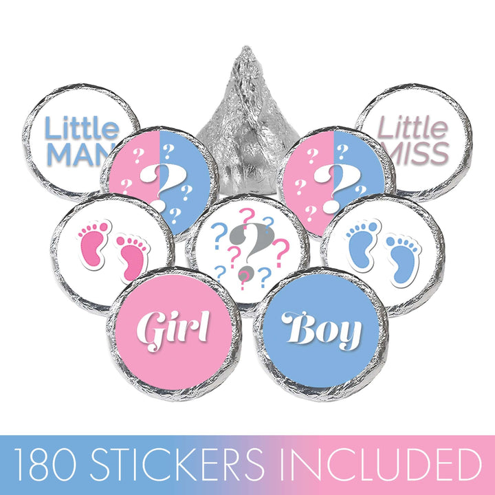 Gender Reveal Party: Little Man or Little Miss - Favor Stickers - Fit on Hershey® Kisses - 180 Stickers - Distinctivs Party