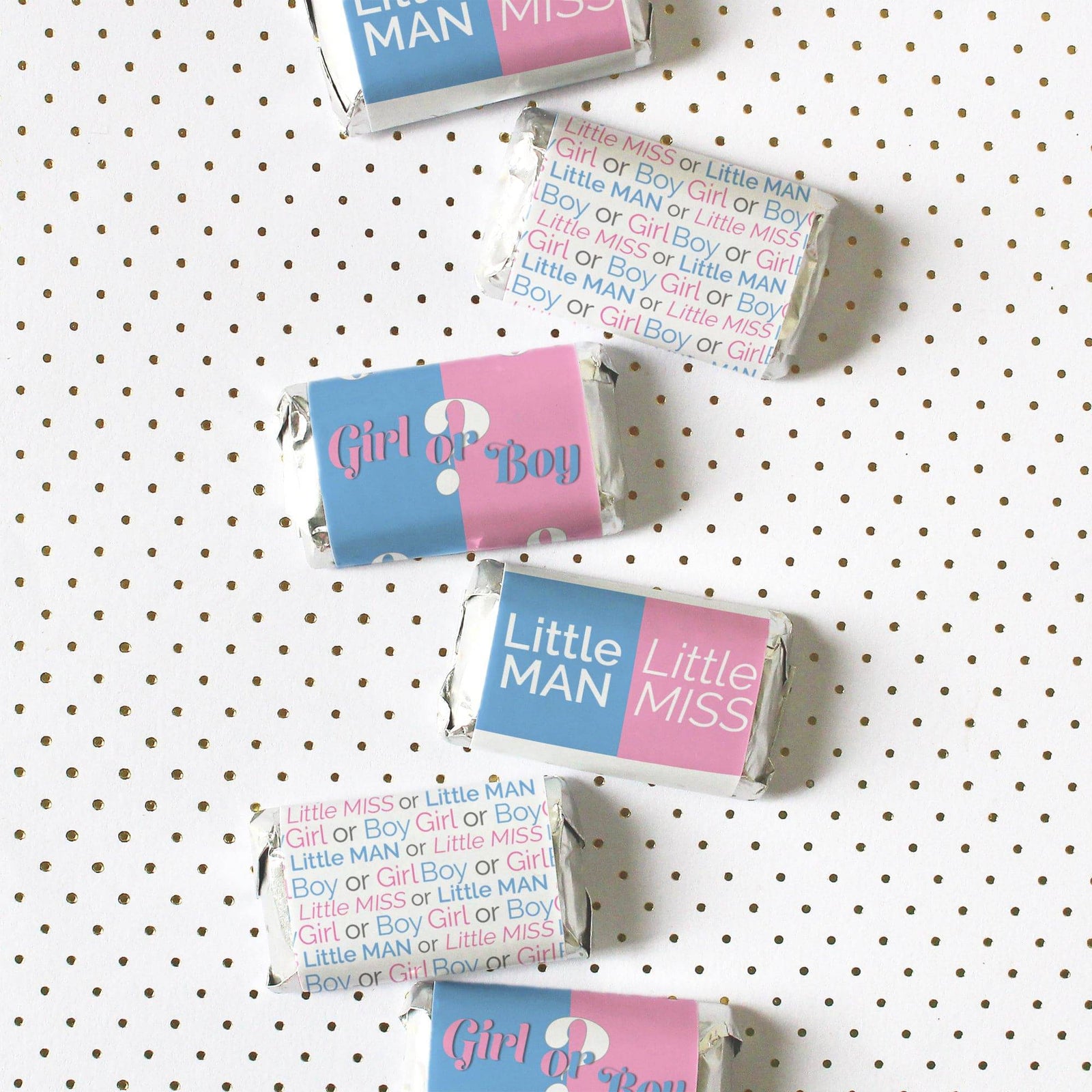 Gender Reveal Party: Little Man or Little Miss - Mini Candy Bar Stickers - Fit on Hershey® Miniatures - 45 Count - Distinctivs Party