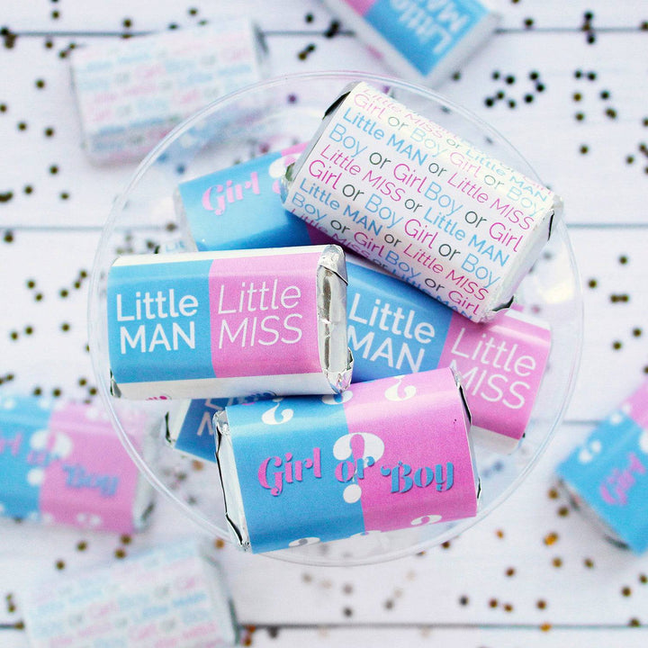 Gender Reveal Party: Little Man or Little Miss - Mini Candy Bar Stickers - Fit on Hershey® Miniatures - 45 Count - Distinctivs Party