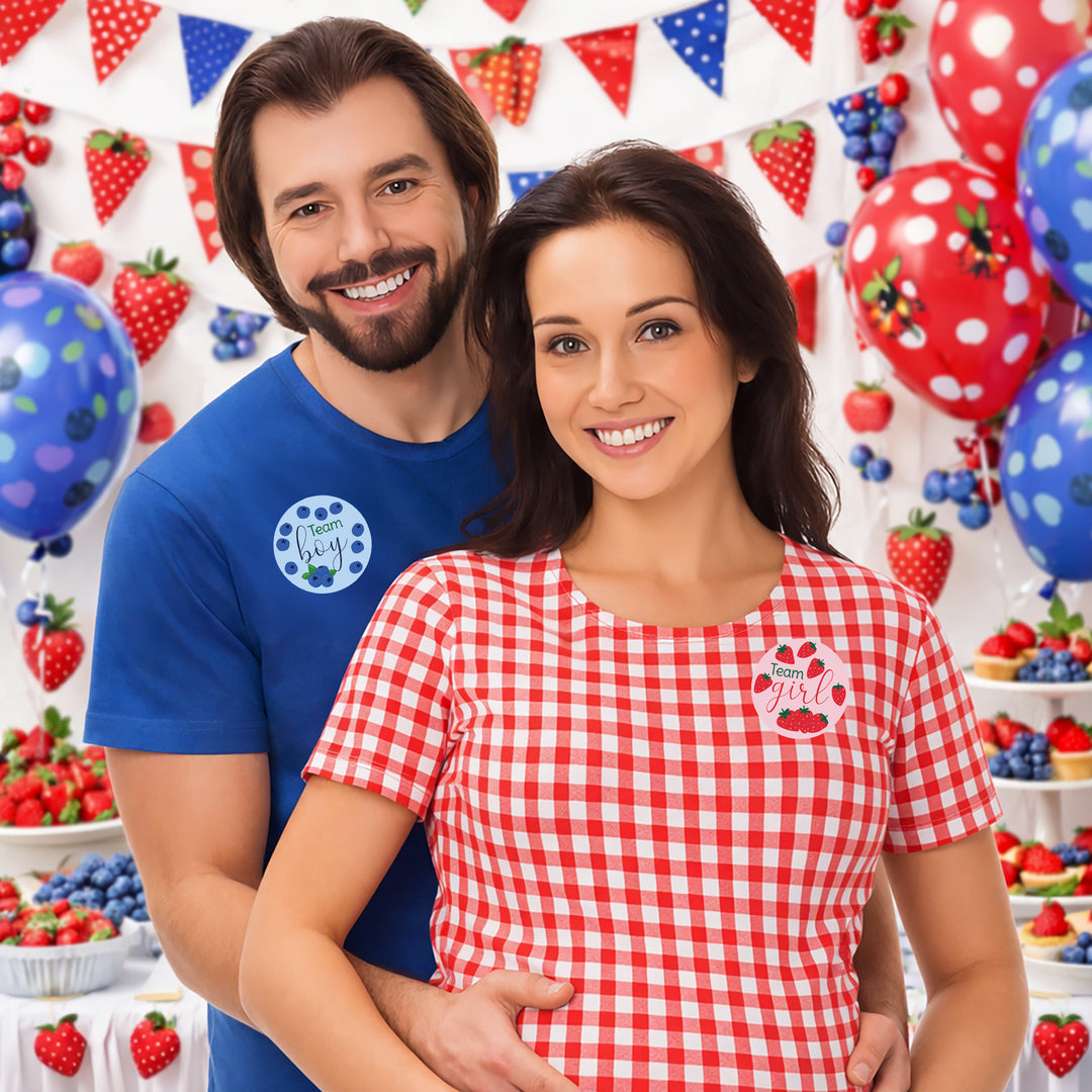 Berry Sweet Baby Gender Reveal Party Stickers – Strawberry & Blueberry Theme, Team Blue Boy or Team Pink Girl, 40 Count