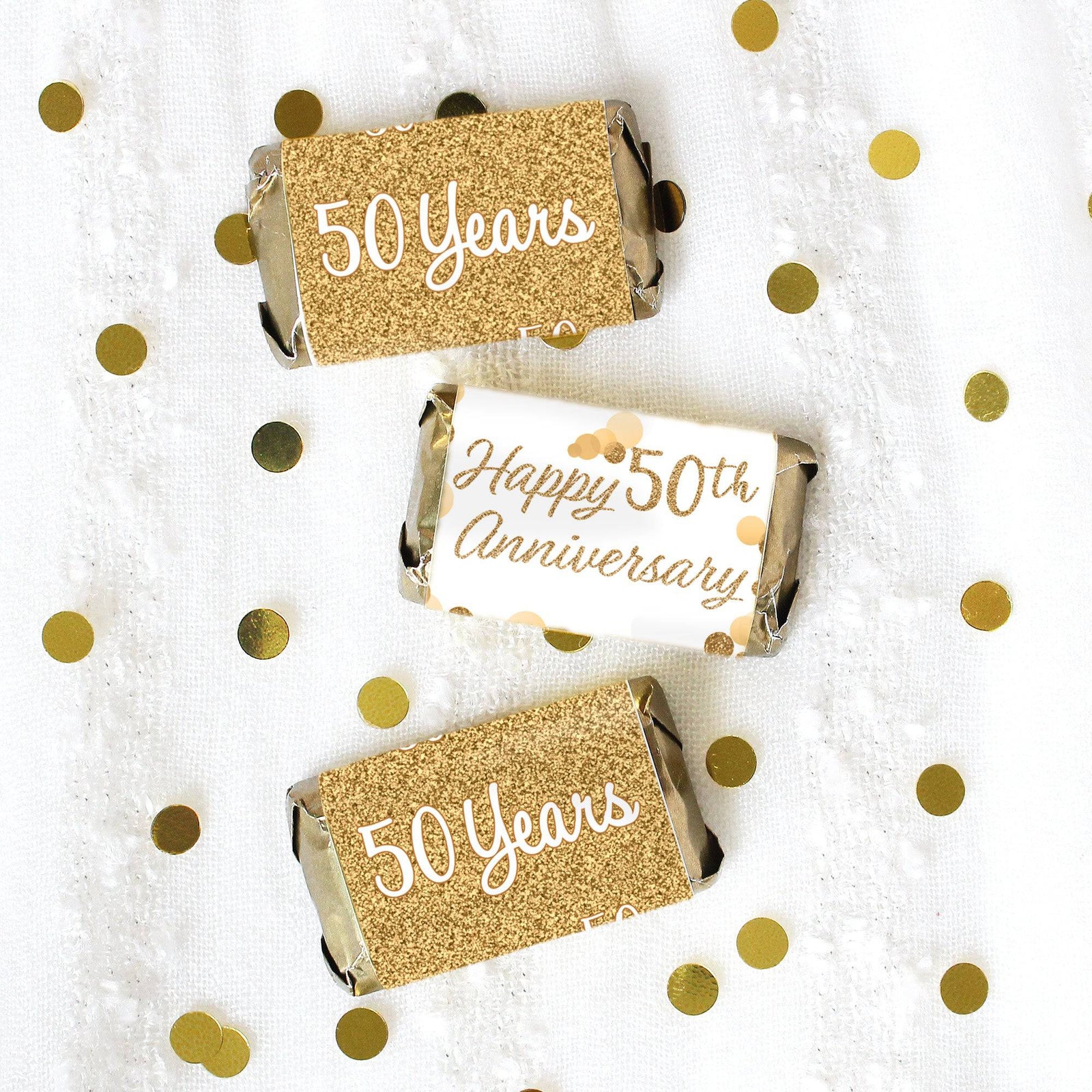 Gold 50th Anniversary: Mini Candy Bar Stickers - 45 Stickers - Distinctivs Party