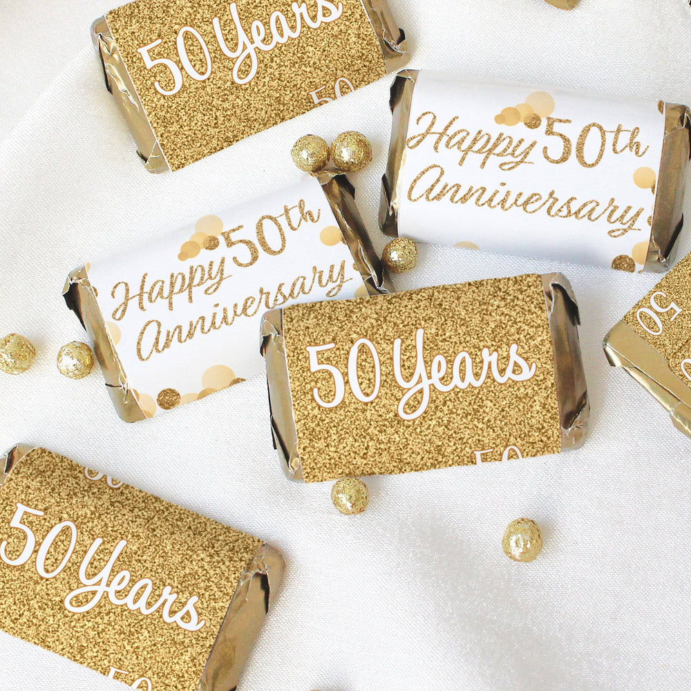 Gold 50th Anniversary: Mini Candy Bar Stickers - 45 Stickers - Distinctivs Party