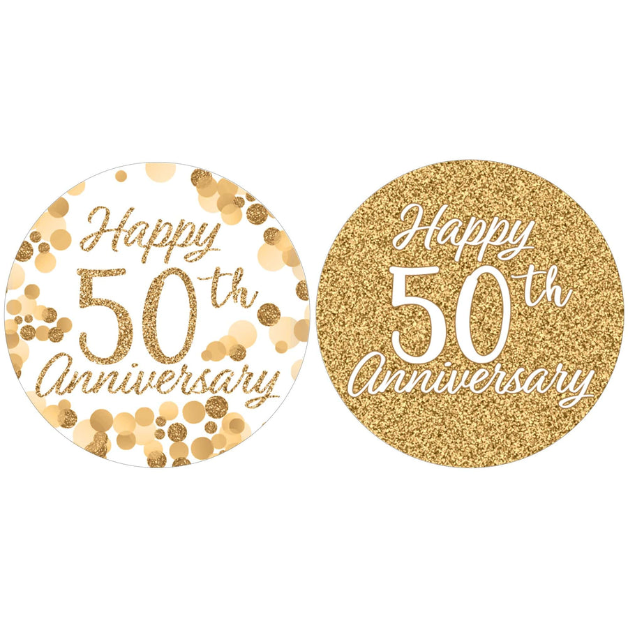 Gold 50th Anniversary: Party Favor Round Labels - 40 Stickers - Distinctivs Party