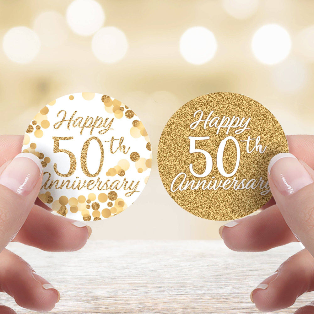 Gold 50th Anniversary: Party Favor Round Labels - 40 Stickers - Distinctivs Party