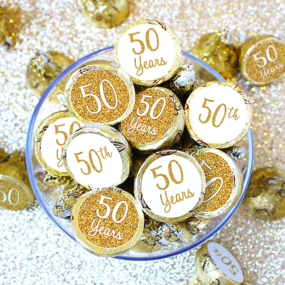 Gold 50th Anniversary: Round Party Favor Stickers -  Fits on Hershey® Kisses - 180 Stickers - Distinctivs Party