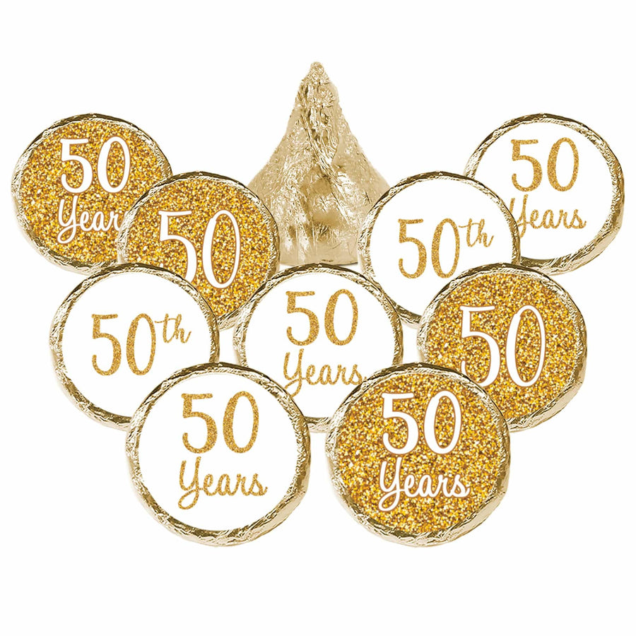 Gold 50th Anniversary: Round Party Favor Stickers -  Fits on Hershey® Kisses - 180 Stickers - Distinctivs Party