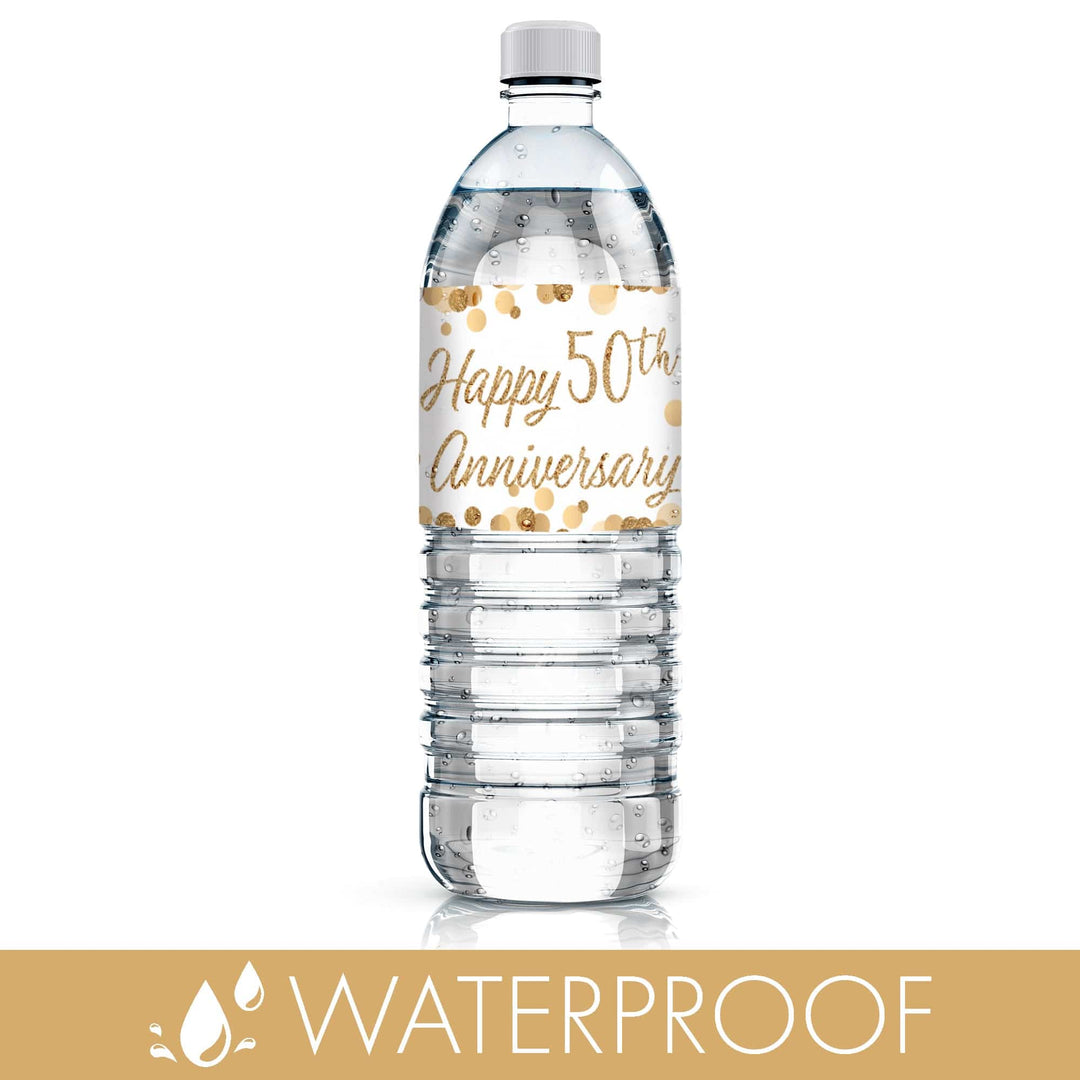 Gold 50th Anniversary: Water Bottle Labels - 24 Waterproof Stickers