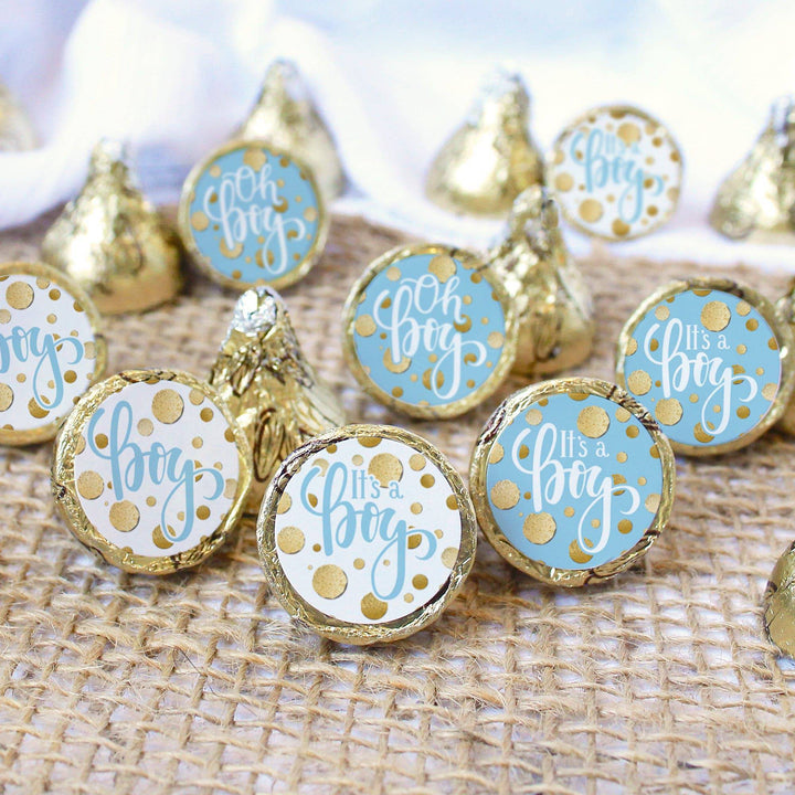 Confeti dorado: azul - Es un baby shower para niño - Pegatinas de recuerdo - Se adapta a Hershey's Kisses - 180 pegatinas