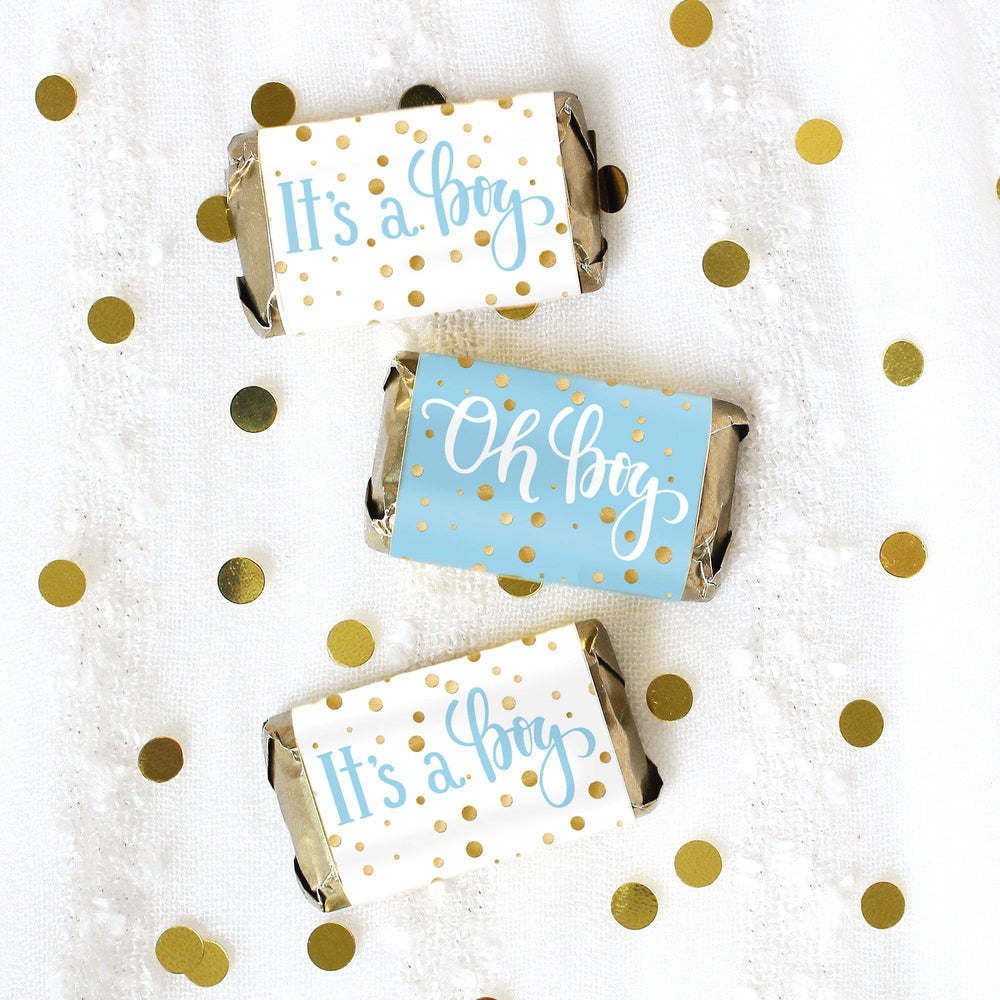 Gold Confetti: Blue -  It's a Boy Baby Shower - Mini Candy Bar Stickers - 45 Stickers - Distinctivs Party