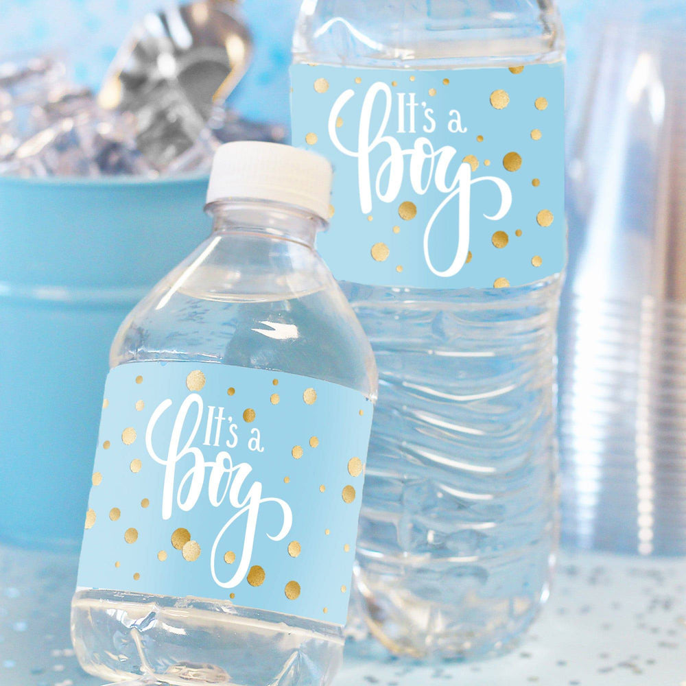 Gold Confetti: Blue - It's a Boy Baby Shower - Water Bottle Labels - 24 Stickers - Distinctivs Party