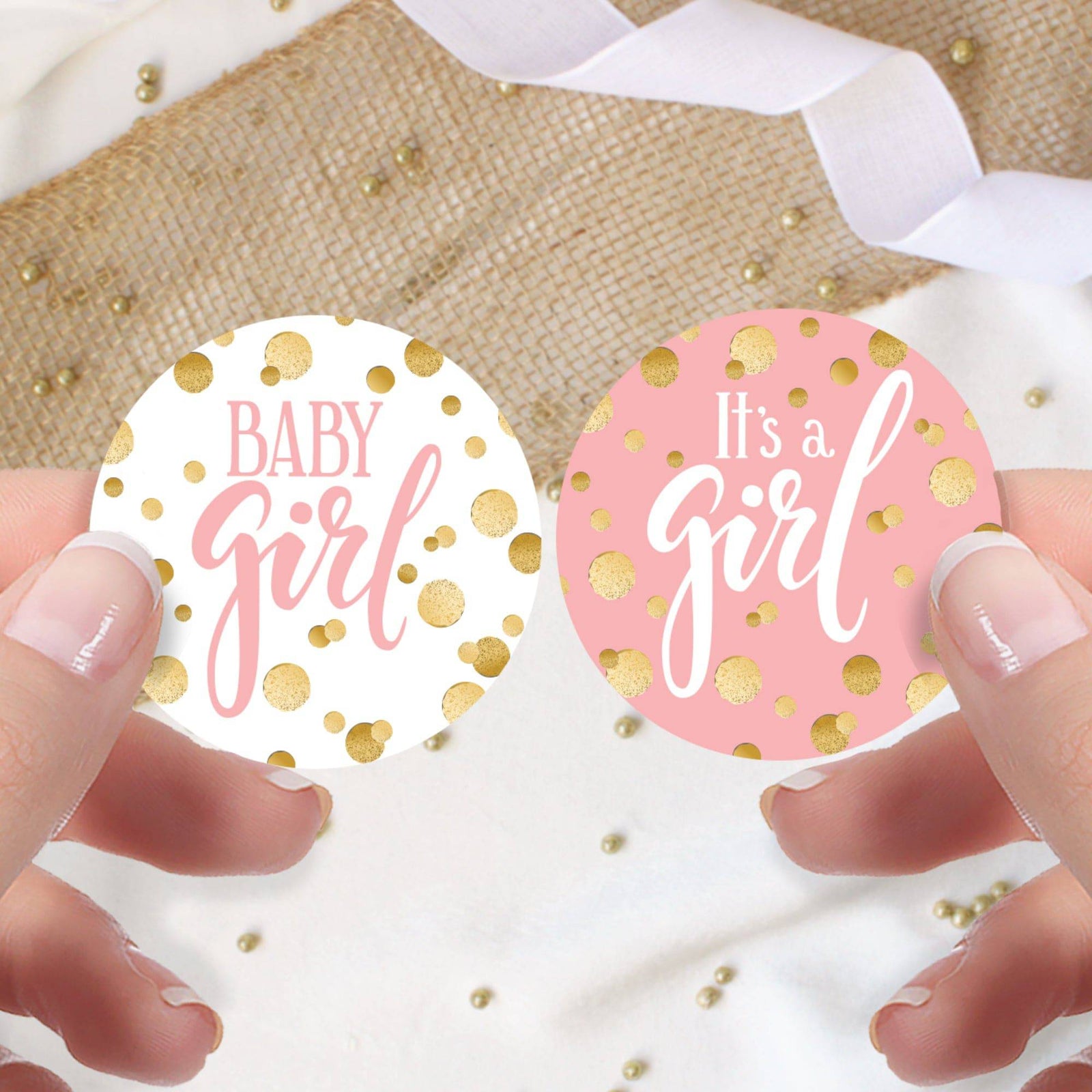 Gold Confetti: Pink - It's a Girl Baby Shower Circle Label Stickers - 40 Stickers - Distinctivs Party