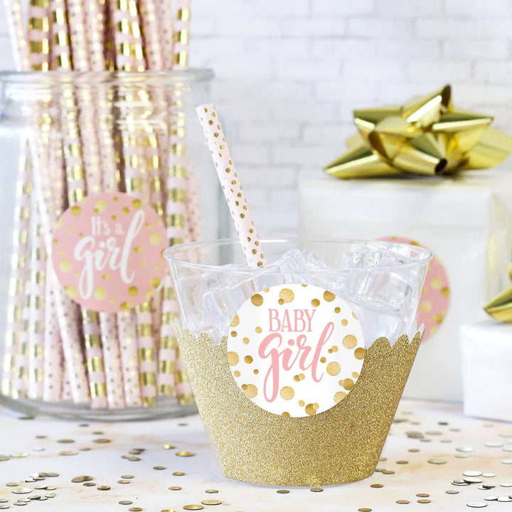 Confeti dorado: rosa - Etiquetas adhesivas circulares para baby shower It's a Girl - 40 pegatinas