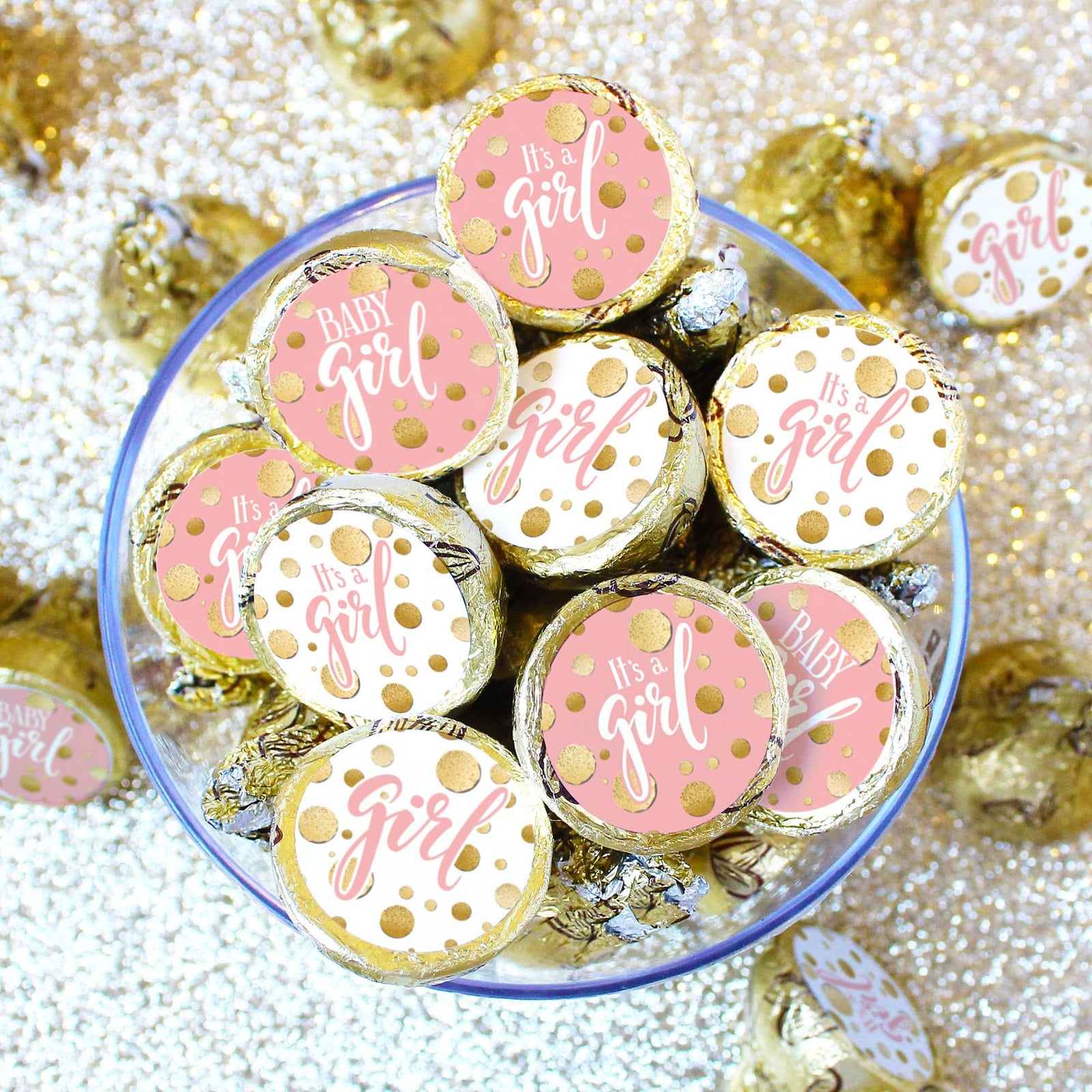 Gold Confetti: Pink - It's a Girl Baby Shower Favor Stickers - Fits on Hershey's Kisses - 180 Stickers - Distinctivs Party