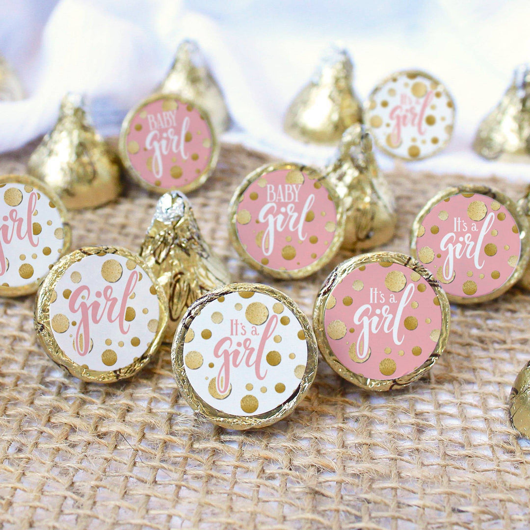 Gold Confetti: Pink - It's a Girl Baby Shower Favor Stickers - Fits on Hershey's Kisses - 180 Stickers