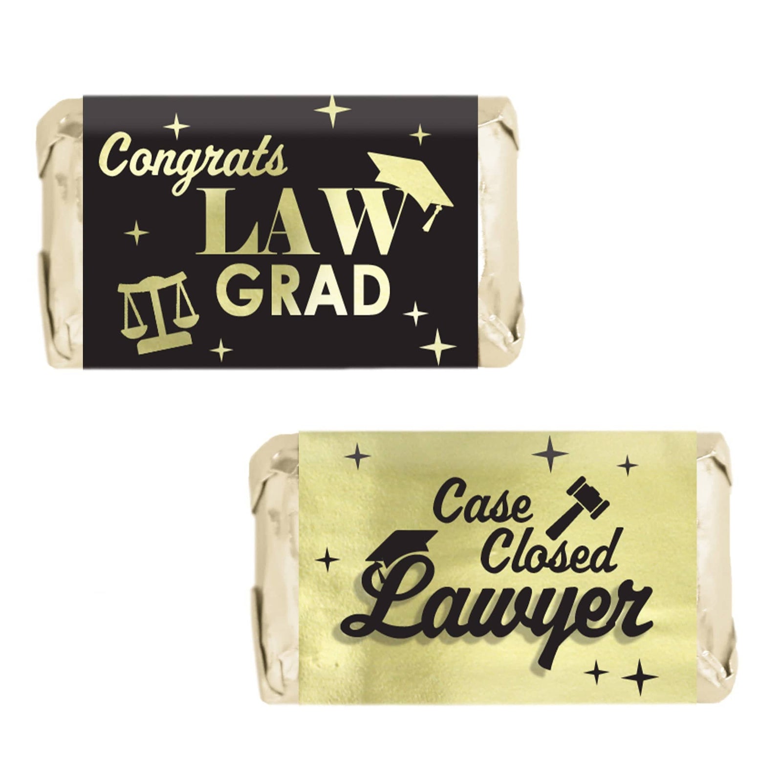 Graduation Class of 2025: Black and Gold Law School Graduation Party Favors - Mini Chocolate Candy Bar Wrapper Labels - Fits on Hershey® Miniatures - 45 Stickers - Distinctivs Party