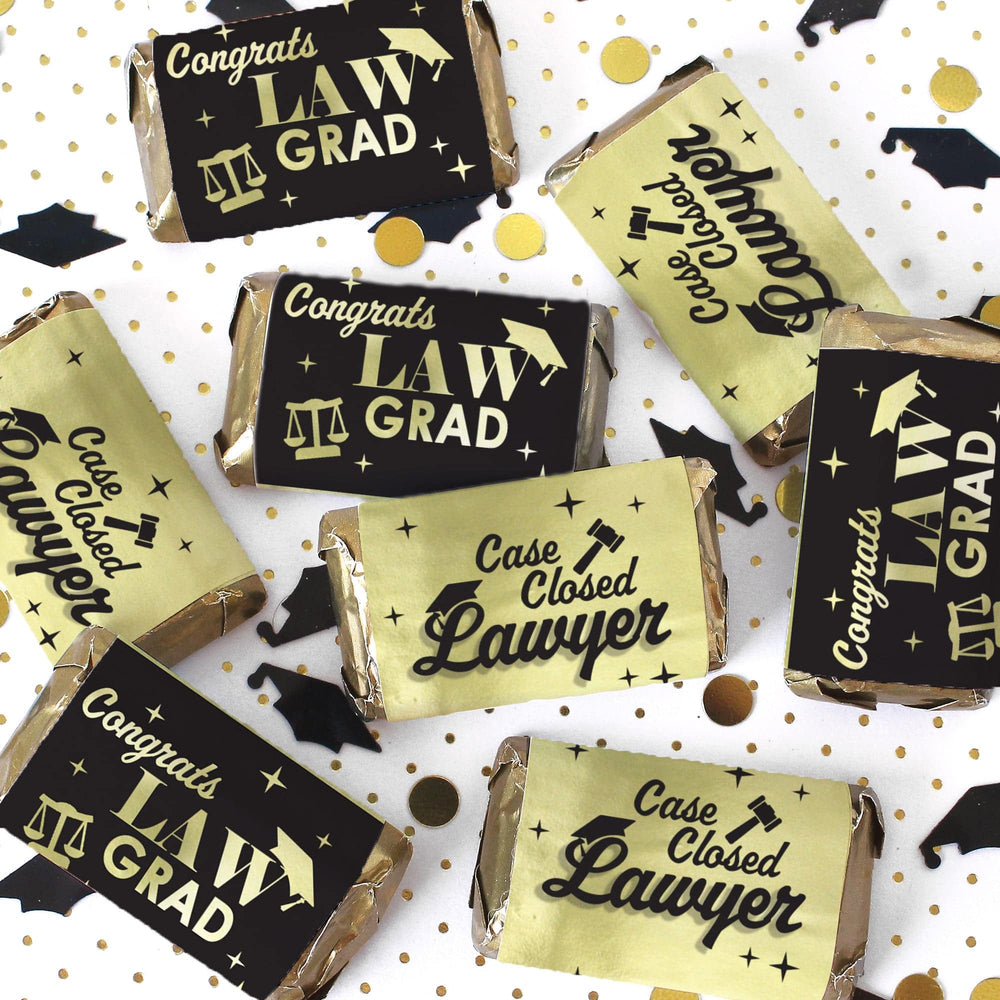 Graduation Class of 2025: Black and Gold Law School Graduation Party Favors - Mini Chocolate Candy Bar Wrapper Labels - Fits on Hershey® Miniatures - 45 Stickers - Distinctivs Party