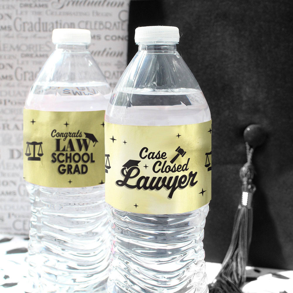 Graduation Class of 2025: Black and Gold Law School Graduation Party Favors - Water Bottle Labels  - 24 Waterproof Stickers - Distinctivs Party