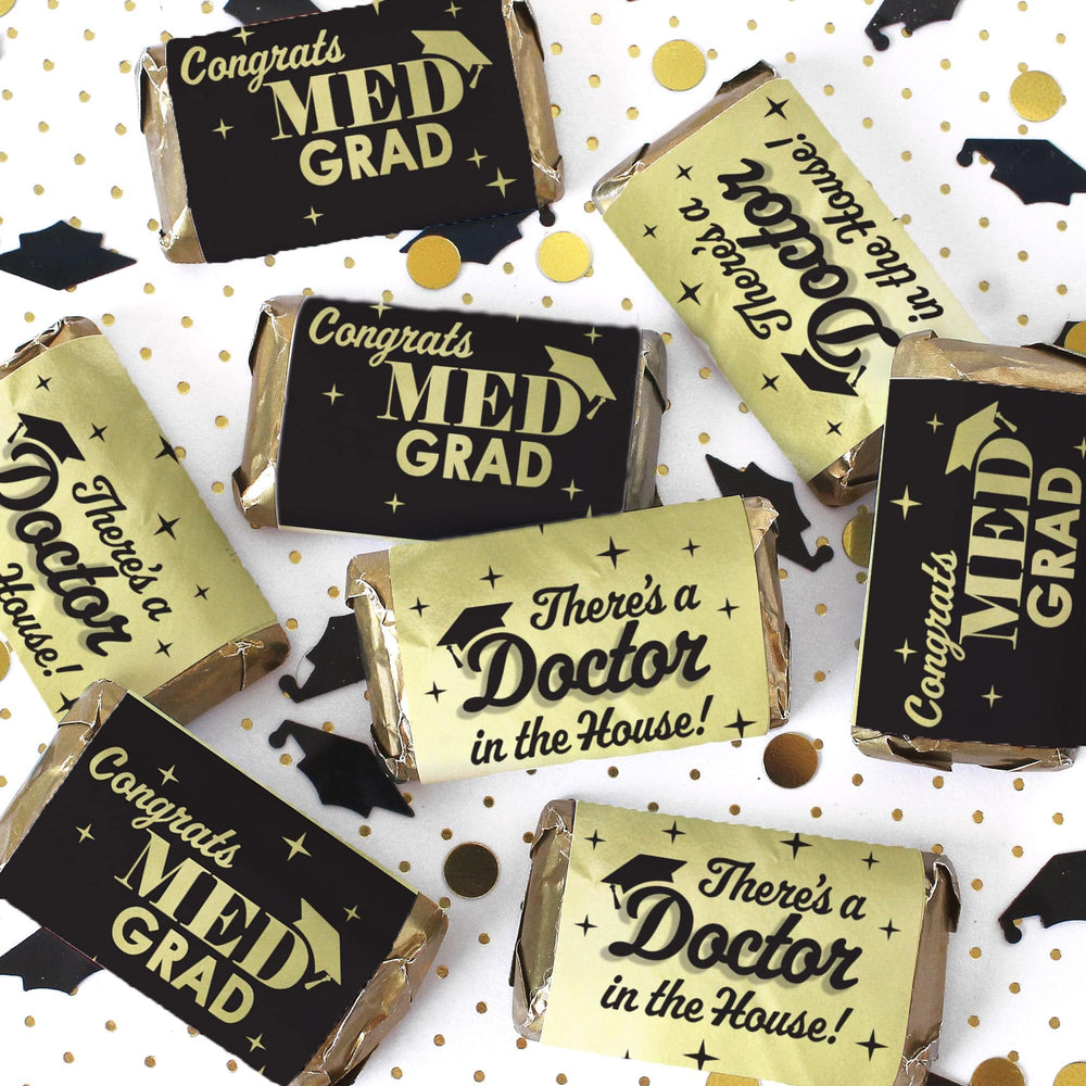 Graduation Class of 2025: Black and Gold Medical School Graduation Party Favors - Mini Chocolate Candy Bar Wrapper Labels - Fits on Hershey® Miniatures - 45 Stickers - Distinctivs Party