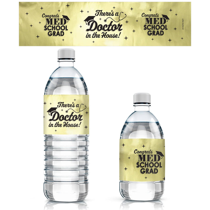 Graduation Class of 2025: Black and Gold Medical School Graduation Party Favors - Water Bottle Labels  - 24 Waterproof Stickers