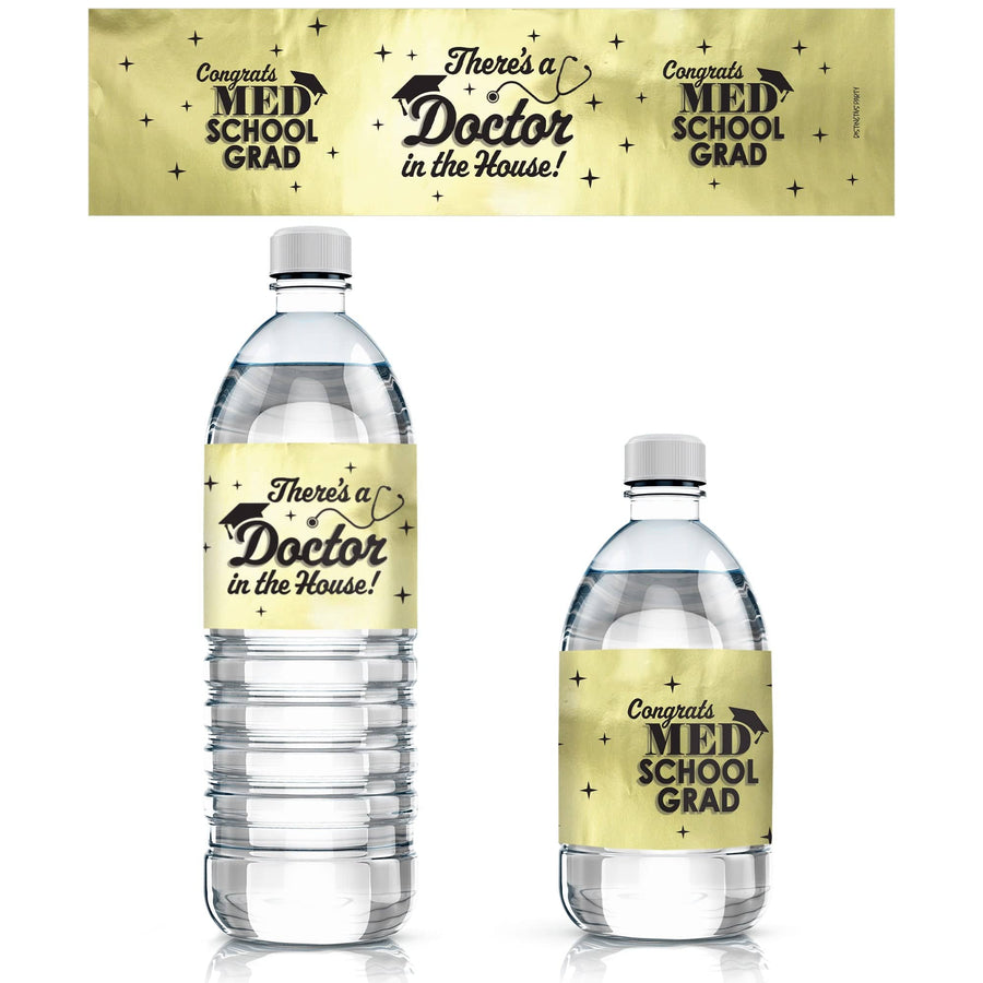 Graduation Class of 2025: Black and Gold Medical School Graduation Party Favors - Water Bottle Labels  - 24 Waterproof Stickers - Distinctivs Party