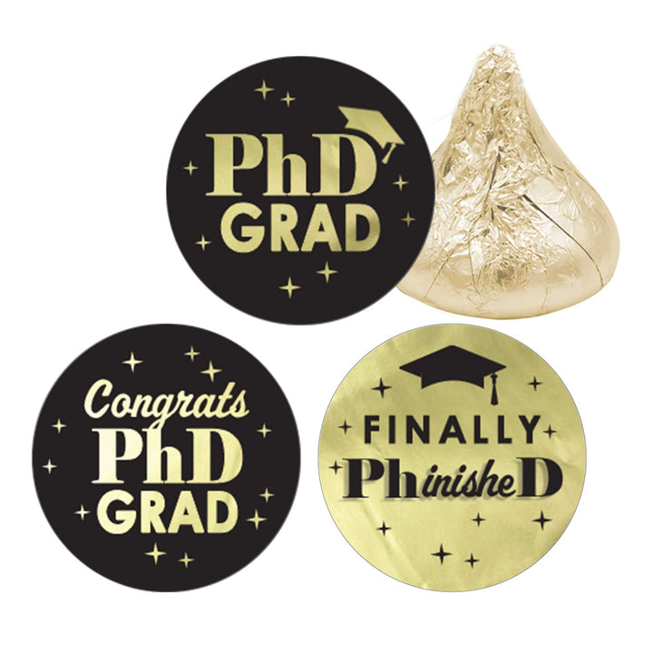 Graduation Class of 2025: Black and Gold PhD Graduation Party Favor Stickers - Fits on Hershey® Kisses - 180 Stickers